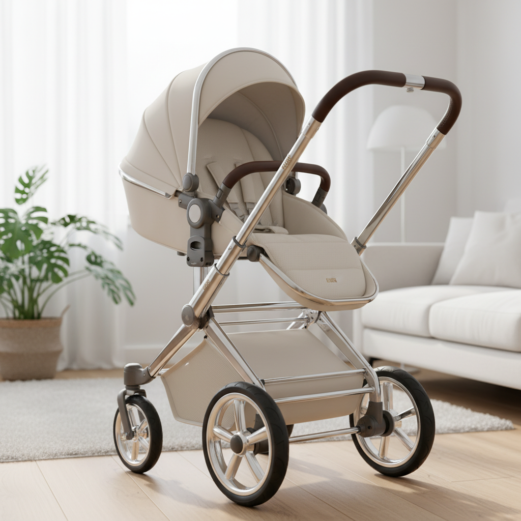 깨끗하고 밝은 거실에 놓인 프리미엄 유모차의 근접 사진으로 고급스러운 디자인과 신제품에 가까운 청결한 상태를 강조한 고해상도 이미지