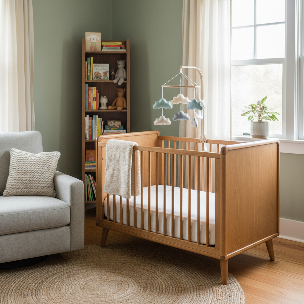 세련된 디자인의 원목 아기 침대와 부드러운 소재의 모빌이 설치된 아늑한 아이방 인테리어로 관리가 잘 된 중고 가구의 가치를 보여주는 사진