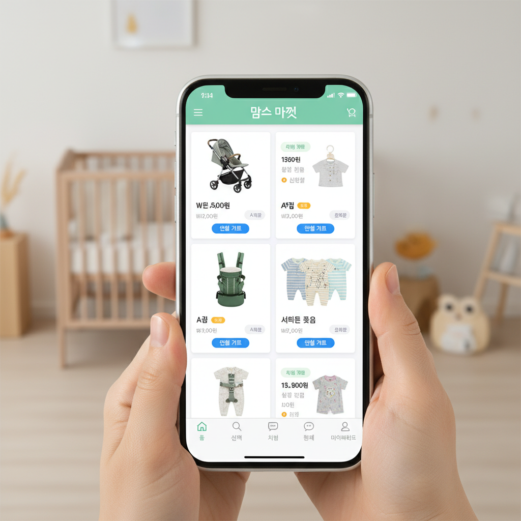 스마트폰 화면에 구현된 육아용품 중고 거래 앱의 깔끔한 인터페이스와 선명한 제품 목록들이 나열된 신뢰감 있는 연출 샷