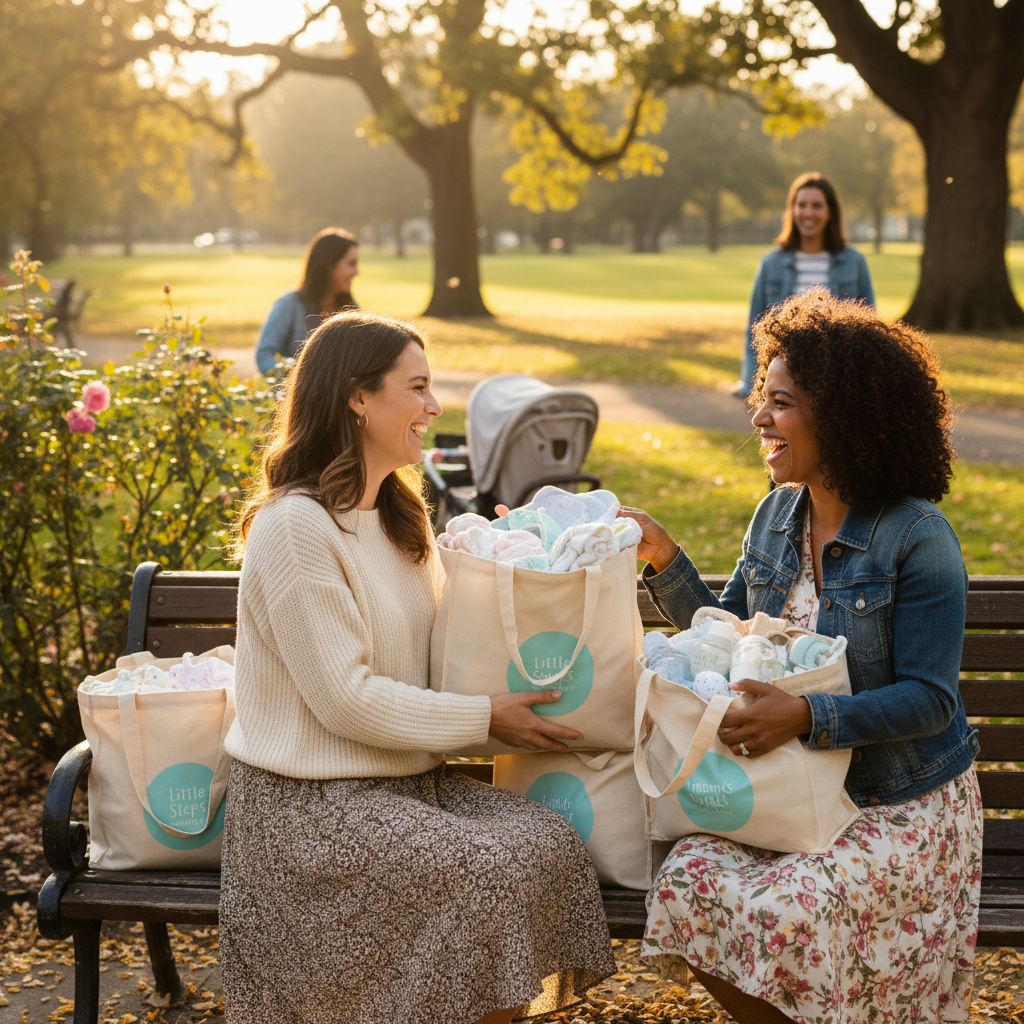 햇살이 비치는 공원 벤치에서 두 엄마가 밝은 미소를 지으며 아기용품이 담긴 쇼핑백을 주고받는 훈훈한 커뮤니티 직거래 모습