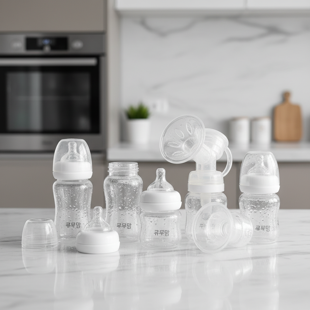 세척과 살균을 마쳐 투명하게 빛나는 브랜드 젖병 세트와 유축기가 주방 대리석 카운터 위에 가지런히 정리된 청결함을 강조한 이미지