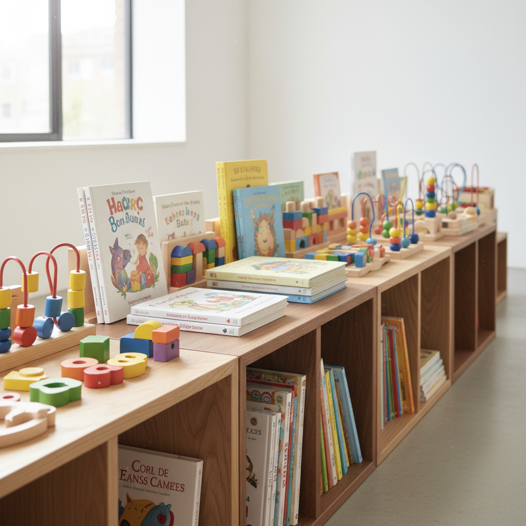 다양한 색상의 원목 교구와 그림책들이 낮은 책장에 질서 정연하게 수납된 모습으로 교육적 가치와 보존 상태를 부각한 고품질 사진